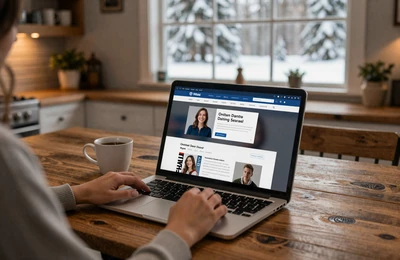 Woman creating a dating profile on a laptop at a farmhouse kitchen table with snowy pine trees visible through the window