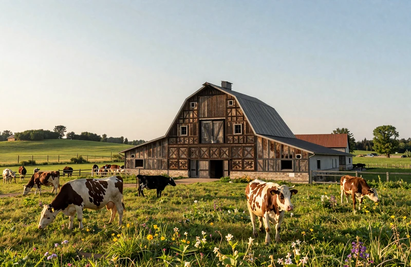 European heritage farm in American Midwest with old-world barn and green pastures