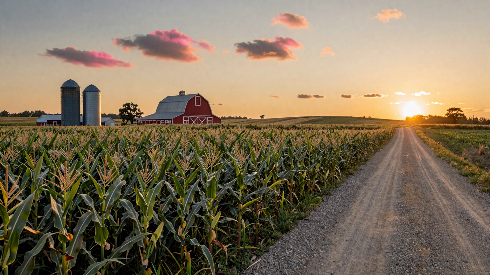 Iowa Corn Belt farmland at golden hour with red barn and cornfields stretching across the agricultural heartland