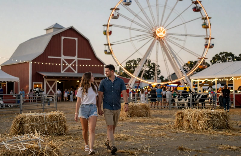 Couple enjoying first date at rural county fair with Ferris wheel and barn in background