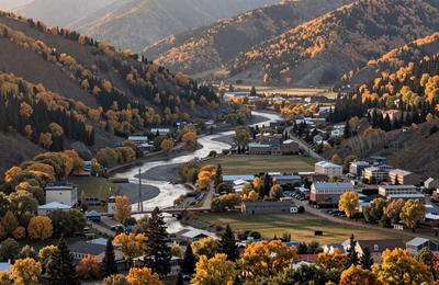 Missoula Montana valley with Clark Fork River and surrounding mountain farmland in soft autumn morning light
