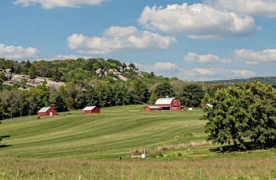 Springfield Missouri area Ozark Plateau with green cattle pastures, red barns, and limestone outcrops