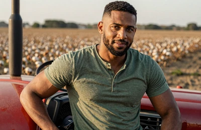 Darnell a 42-year-old Black cotton and cattle farmer from Alabama smiling beside his tractor