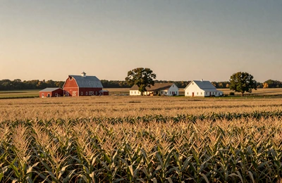 Indiana Corn Belt farmland with golden cornfields and red barn near the Ohio border