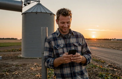 Illinois farmer smiling at his phone while leaning against a grain bin at sunset on a flat prairie farm