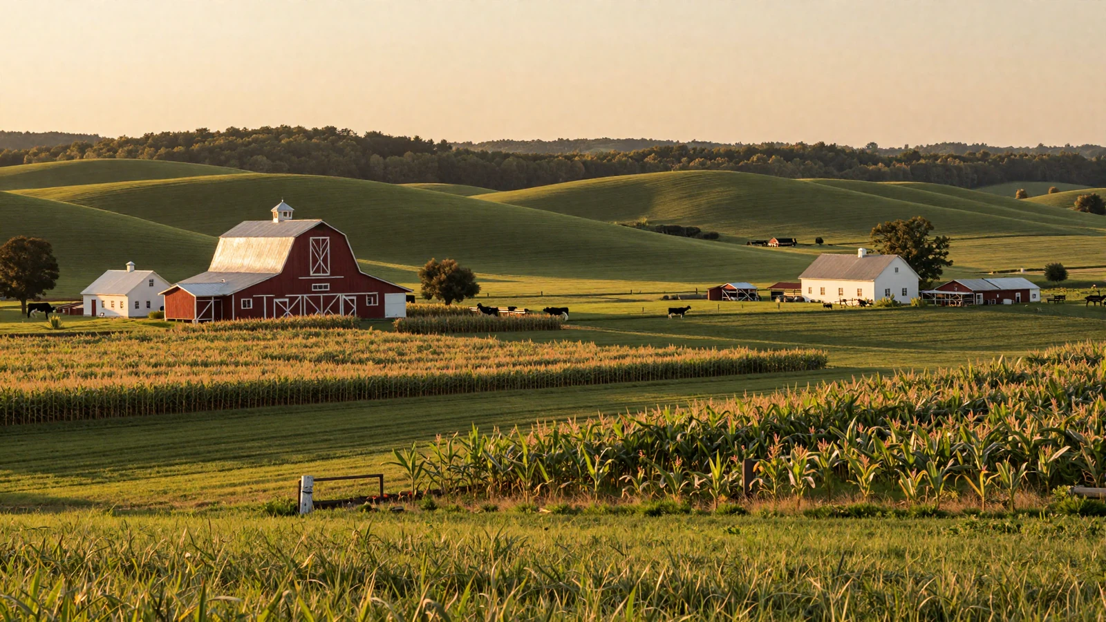 Ohio Buckeye State farmland at golden hour with rolling green hills red barn and cornfields stretching across the heartland