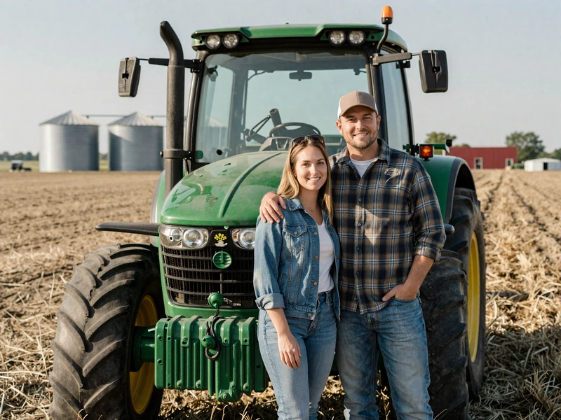 Couple standing together by a green tractor on a central Illinois farm with flat prairie and grain bins in the background, warm afternoon light