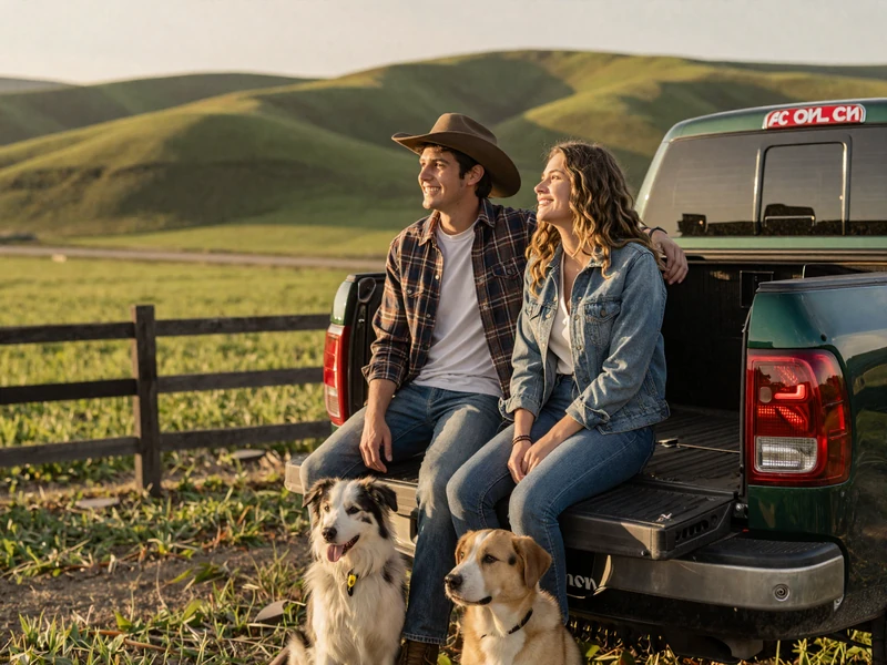 Young country couple laughing together on a pickup truck tailgate overlooking green pastures at golden hour