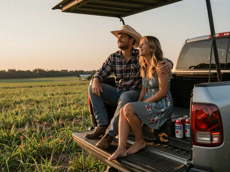 Happy couple sitting on a pickup truck tailgate watching the sunset over an Alabama pasture with sweet tea and warm golden light