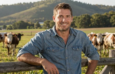 Travis, 40, Tennessee cattle rancher from Maury County smiling by a fence in green pastures on Yougotmatched
