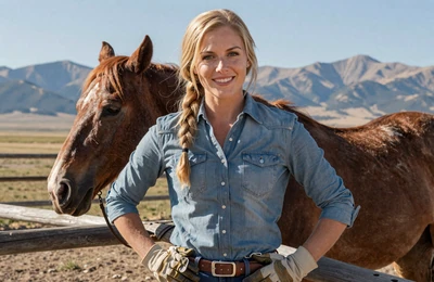 Sarah, 36, Montana horse and hay farmer from the Bitterroot Valley smiling beside a corral on Yougotmatched