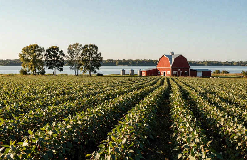Minnesota farm with soybean fields and lake in the Land of 10,000 Lakes