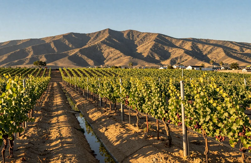 California vineyard rows in Central Valley with mountains in the distance