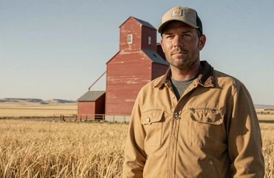 Dustin, 41, Montana wheat farmer from Havre standing beside a grain elevator in golden wheat fields on Yougotmatched