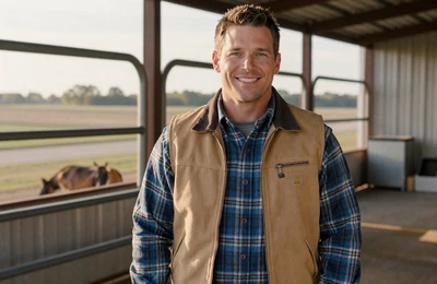 Travis, 41, Missouri hog farmer from Chillicothe smiling beside his barn on Yougotmatched