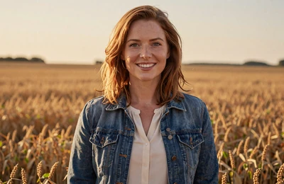 Jennifer, 33, Minnesota grain farmer from southern Minnesota smiling in a golden soybean field at sunset on Yougotmatched