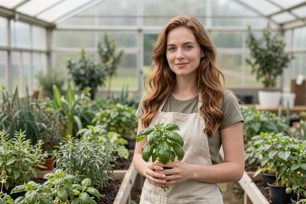 Sarah a 34-year-old Jewish-American farmer holding fresh basil in her organic herb greenhouse in rural Connecticut