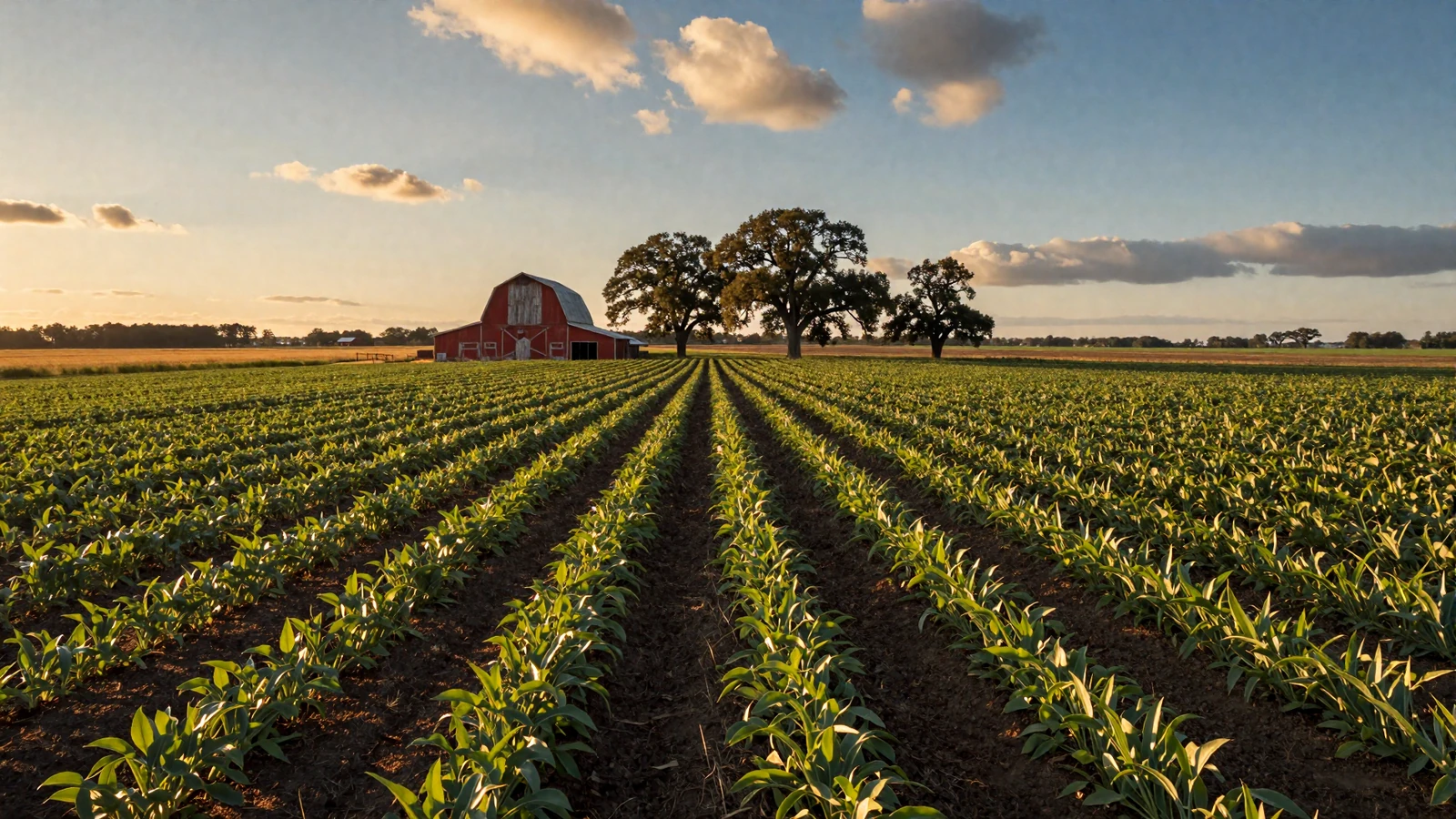 Thriving Southern farm at golden hour with lush green crop rows and a red barn in the distance