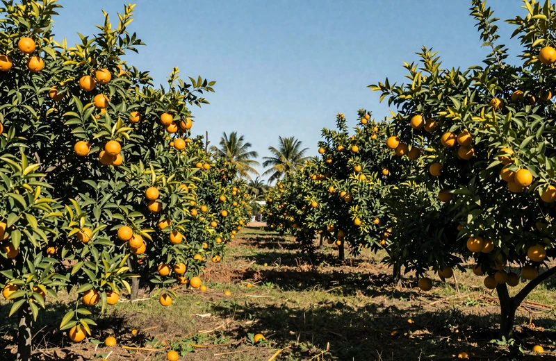 Florida citrus grove with ripe oranges in the Sunshine State farmland