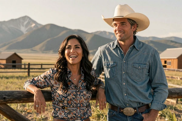 Maria and Michael, a rancher couple from Montana, laughing together on their mountain ranch