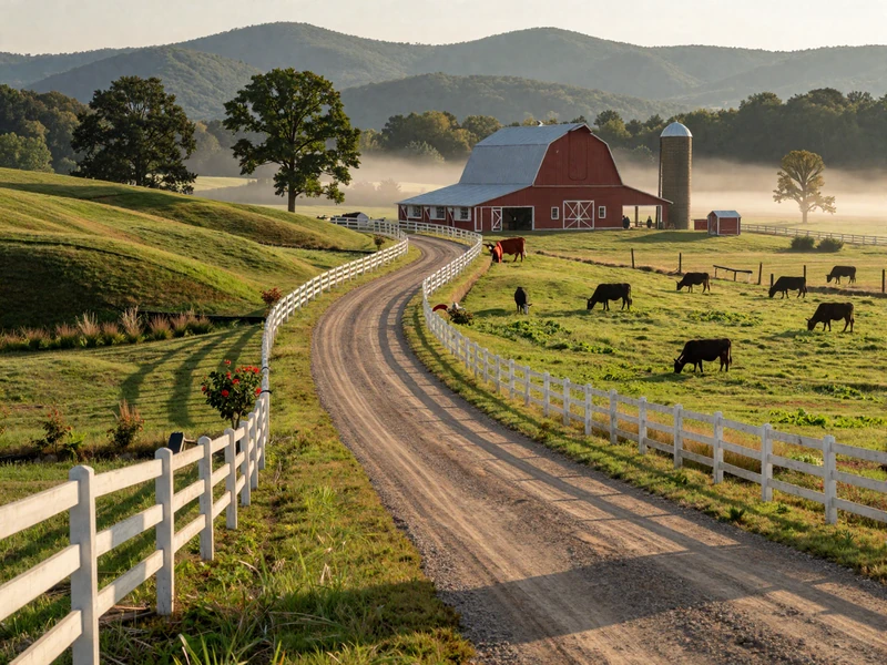 Rolling Arkansas countryside with a winding dirt road past green pastures and a classic red barn in Ozark foothills