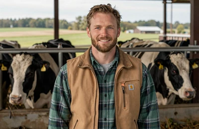 Erik, 36, Wisconsin dairy farmer from Appleton standing near his Holstein herd looking for a partner