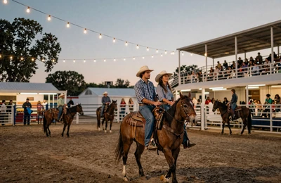 Couple enjoying a rural rodeo at twilight with string lights and Western atmosphere at a Montana county fair