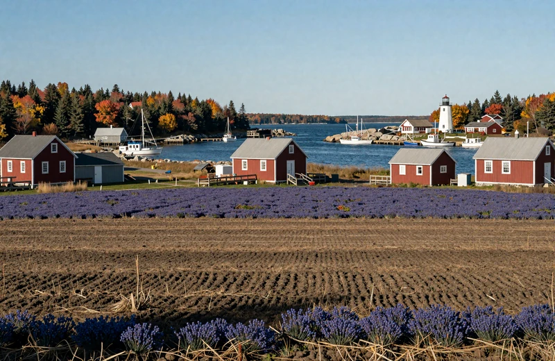Maine coastal farmland with potato fields and lobster harbor in Pine Tree State