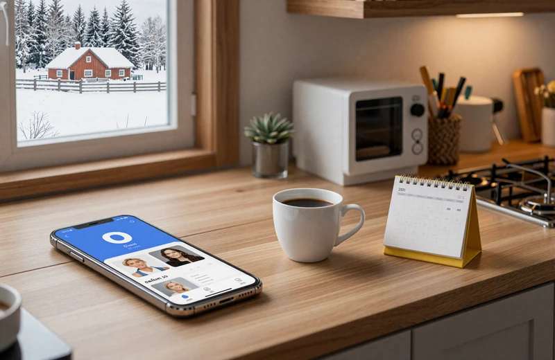 Farmer using dating app on phone during winter season with snowy farmland outside window