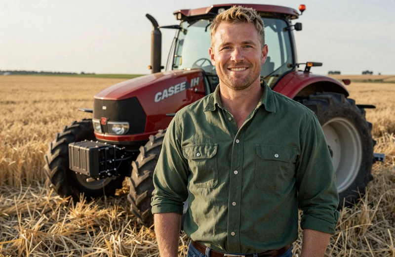 Marcus a 42-year-old wheat farm manager standing beside a large red tractor in a Kansas wheat field at golden hour