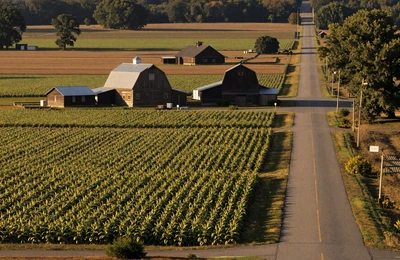 Greensboro North Carolina area with agricultural fields, tobacco barns, and soybean fields in the Piedmont Triad