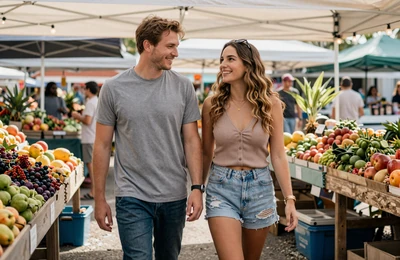 Happy couple walking through a sunny Florida farmers market with colorful tropical produce stands
