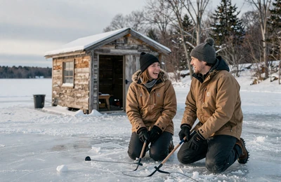 Couple ice fishing on a frozen Minnesota lake in winter laughing together with a small ice house and snowy landscape behind them
