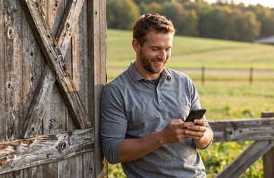 Farmer smiling at his phone while leaning against a barn door in warm afternoon light on a Tennessee farm