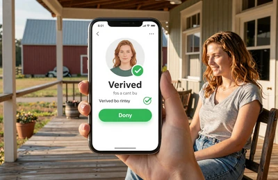 Woman on a farmhouse porch viewing a verified farmer dating profile on her smartphone