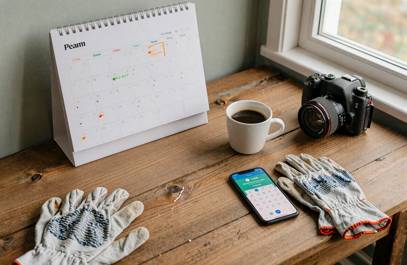 Farming calendar and smartphone on a rustic desk showing the seasonal dating rhythm for farmers