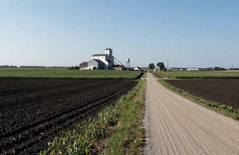 Illinois prairie farmland with grain elevator and vast soybean fields on rich black soil