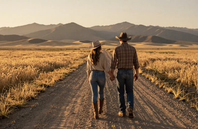 Couple walking hand in hand down a dirt road between Montana wheat fields at sunset with mountains on the horizon