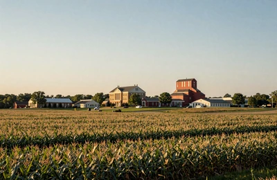 Columbia Missouri area with flat farmland, corn and soybean fields, and a red grain elevator in the distance