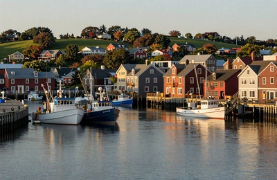 Portland Maine waterfront at golden hour with lobster boats in the harbor and green farmland hills in the distance