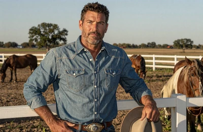 James a 50-year-old Texas rancher standing by white fence with horses on his sprawling ranch