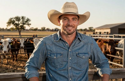 Travis, 40, Texas cattle rancher from Abilene standing by corral fence at sunset