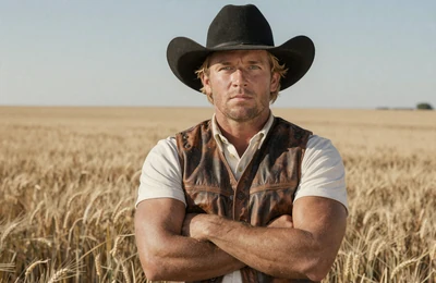 Dustin, 45, Texas Panhandle wheat and cattle farmer standing in wheat field