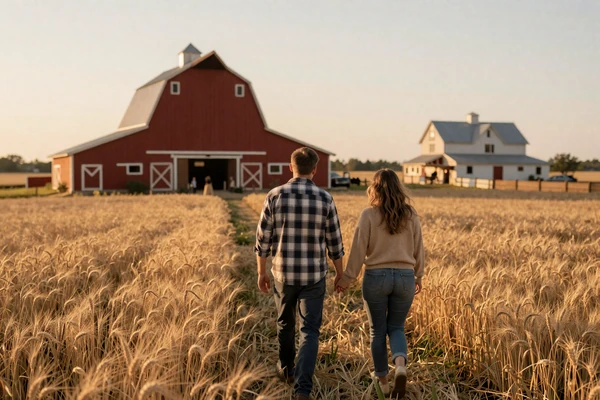 Couple walking hand in hand through a golden wheat field at sunset with a red barn in the distance