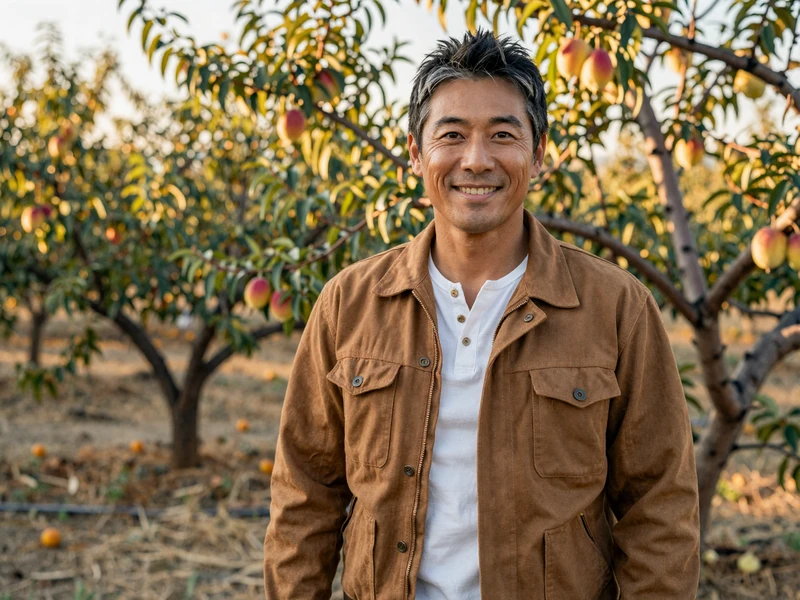 Japanese-American farmer standing in a sun-dappled peach orchard in rural California at golden hour