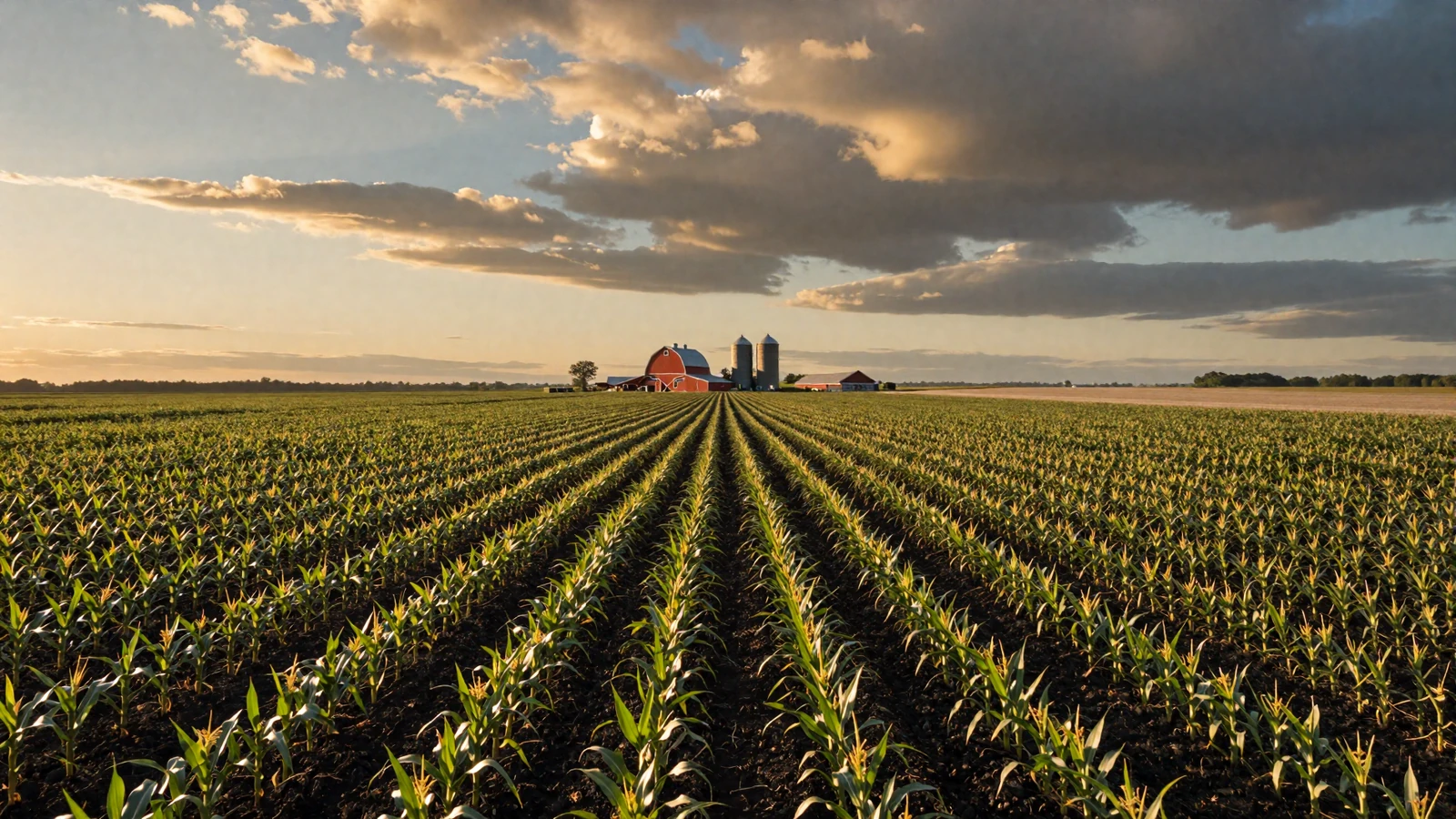 Central Illinois farmland at golden hour with endless corn and soybean rows on rich black prairie soil, red barn and grain silos under a dramatic Midwestern sunset sky