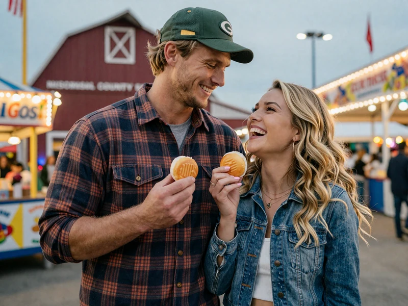 Happy couple enjoying a Wisconsin county fair together with cheese curds and fairground lights in the background
