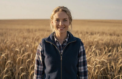 Ingrid a 33-year-old Scandinavian-heritage grain farmer from Minnesota standing in a golden wheat field