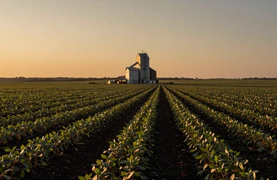 Illinois prairie farmland with grain elevator and soybean fields on rich black soil