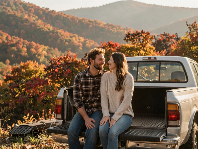 Happy couple on a pickup truck tailgate overlooking autumn Appalachian ridges in West Virginia with warm golden light
